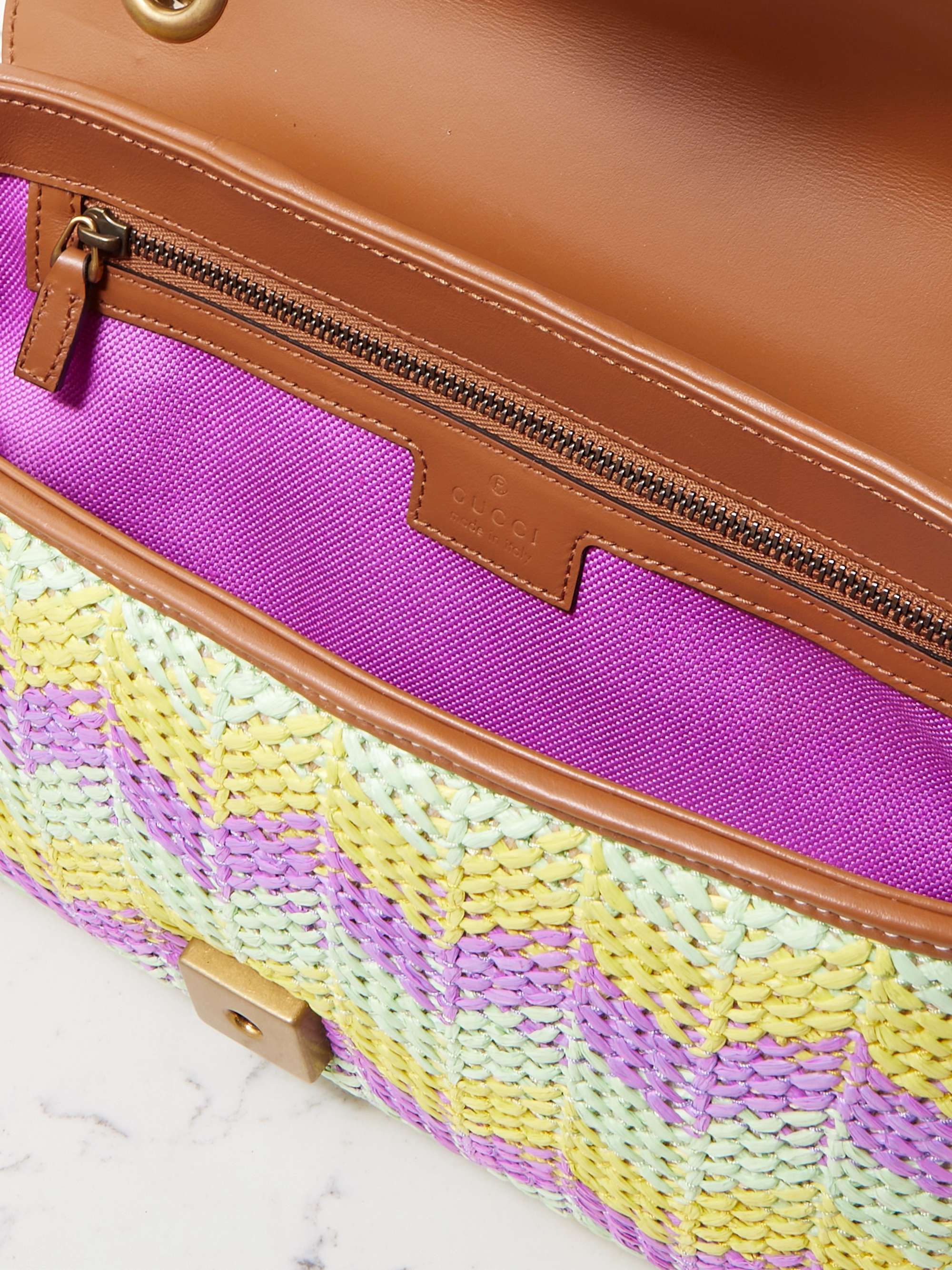 GUCCI GG Marmont 2.0 leathertrimmed striped raffia shoulder bag NET