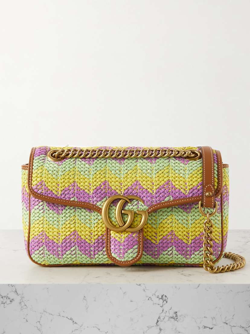 Gucci Gg Marmont 2.0 Leather-trimmed Striped Raffia Shoulder Bag