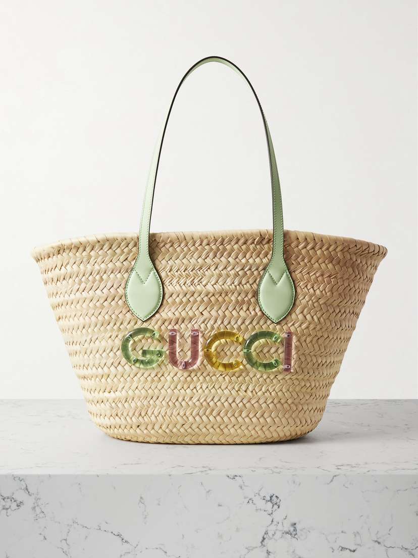 Gucci Leather-trimmed Embellished Raffia Tote