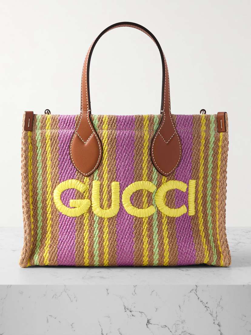 Gucci Small Leather-trimmed Embroidered Striped Raffia Tote