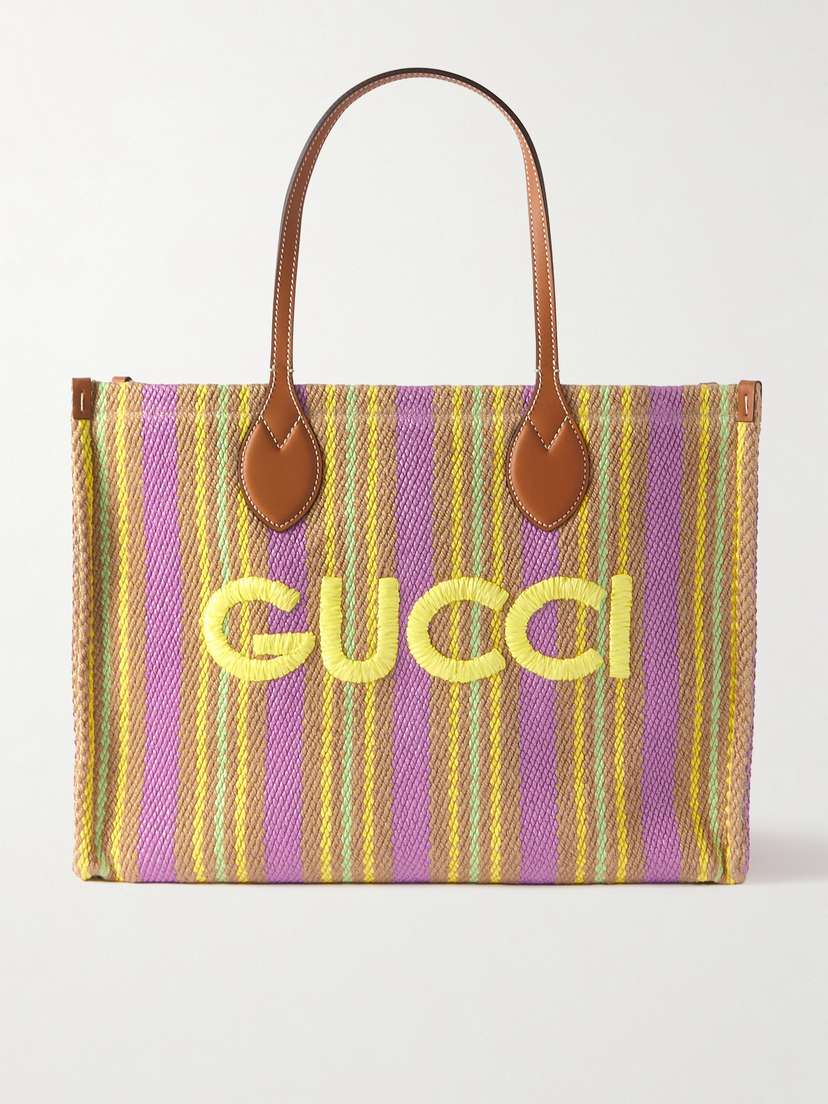 Gucci Medium Leather-trimmed Embroidered Striped Raffia Tote