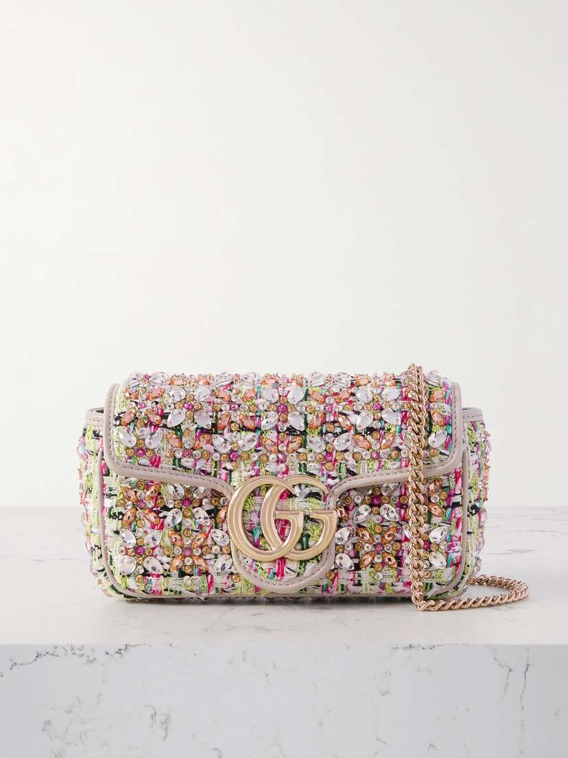 Gucci Gg Marmont 2.0 Crystal-embellished Leather-trimmed Tweed Shoulder Bag
