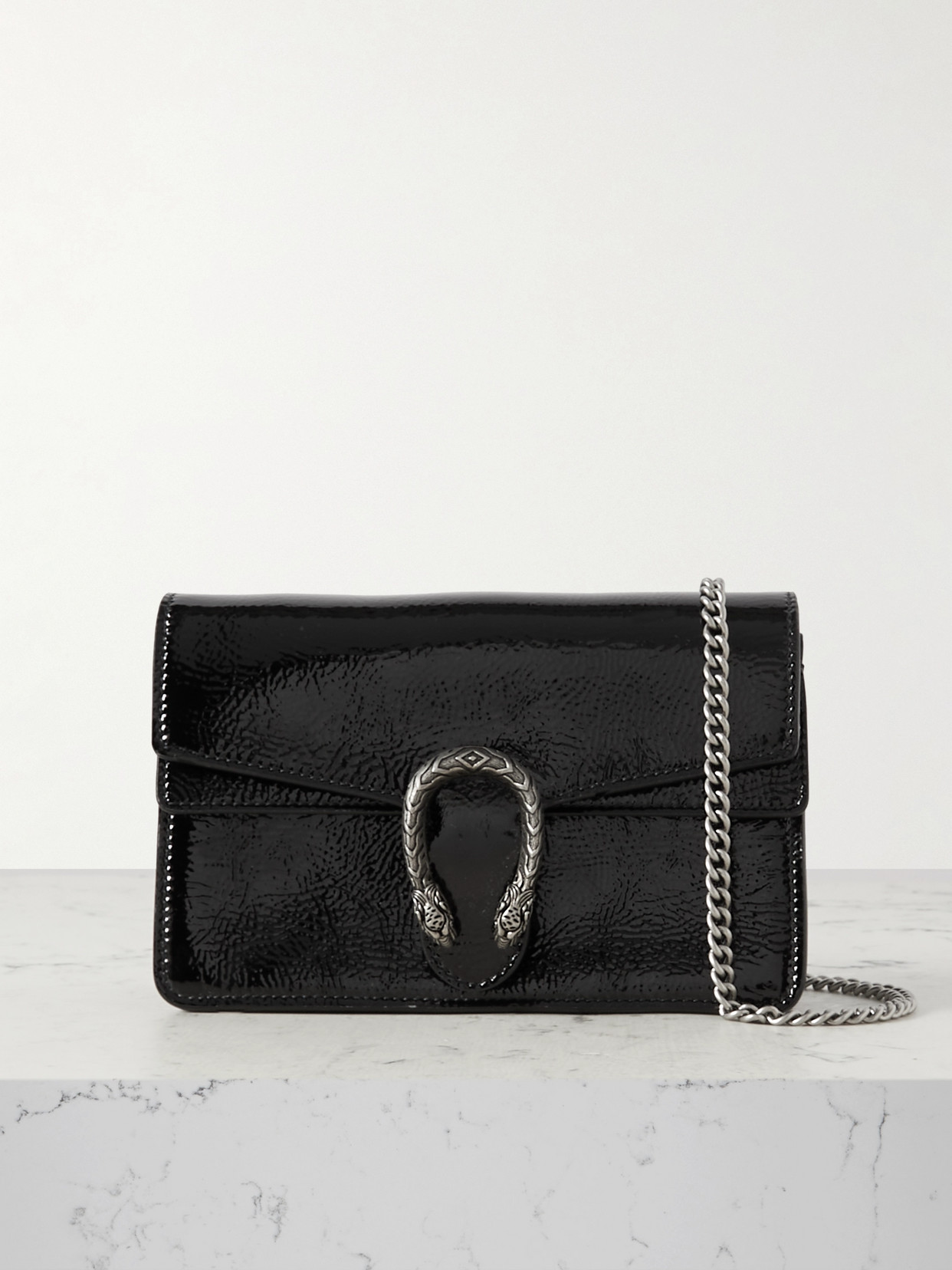 Gucci Dionysus Super Mini Glossed Textured-leather Shoulder Bag In Black