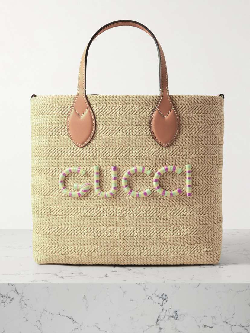 Gucci Leather-trimmed Appliquéd Raffia Tote