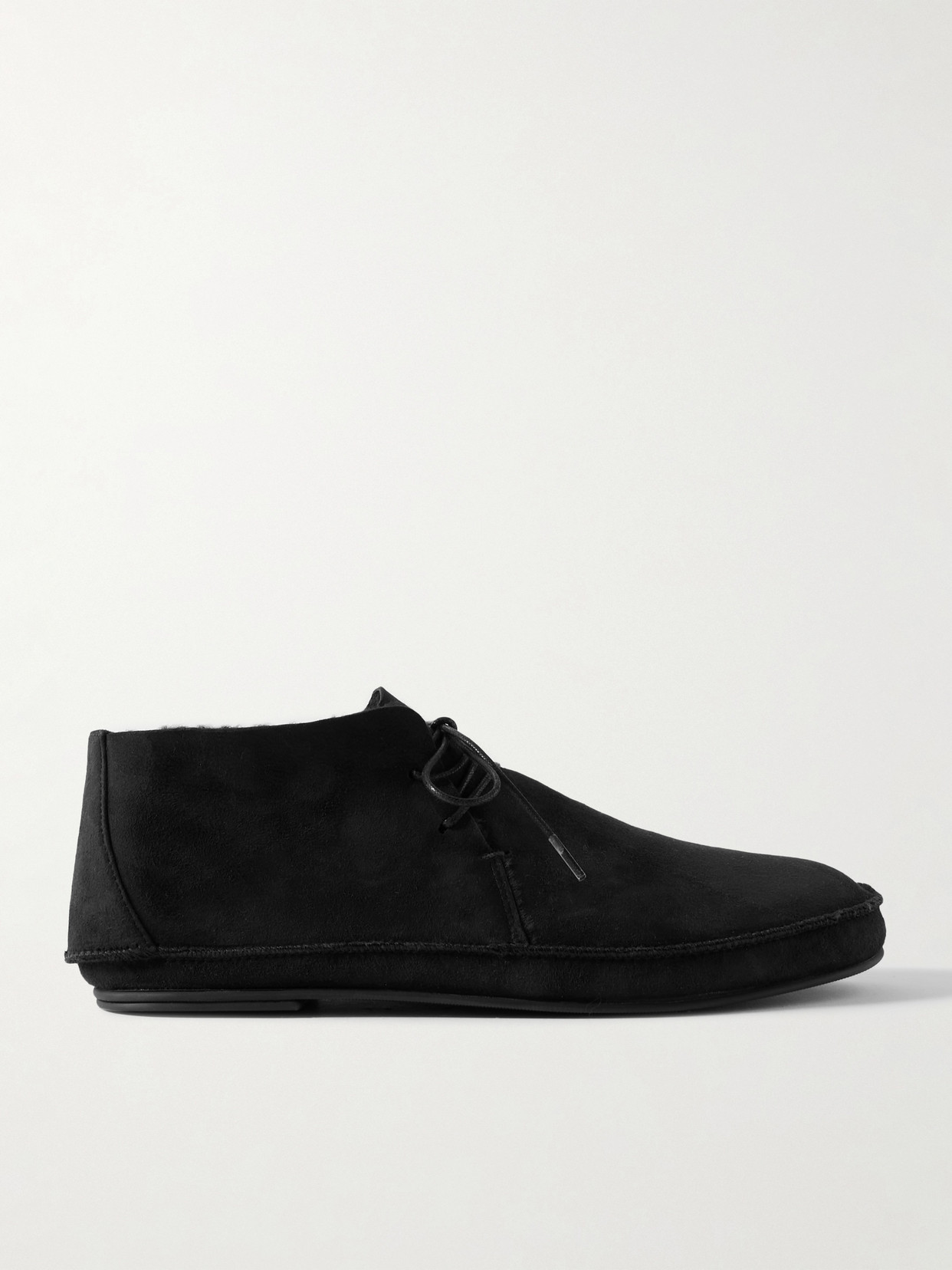 The Row Tyler Suede Shearling Moccasin Booties In Black