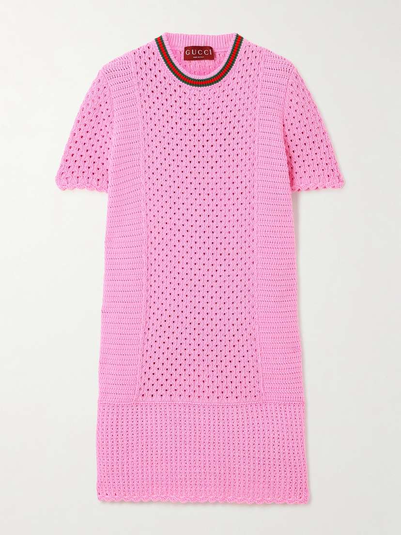 Gucci Webbing-trimmed Open-knit Cotton-blend Mini Dress
