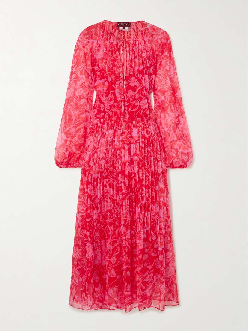 Gucci Tie-detailed Pleated Floral-print Silk-chiffon Midi Dress