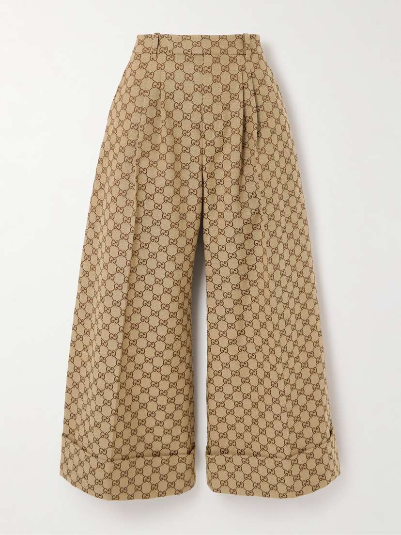 Gucci Cropped Pleated Cotton-blend Canvas-jacquard Wide-leg Pants