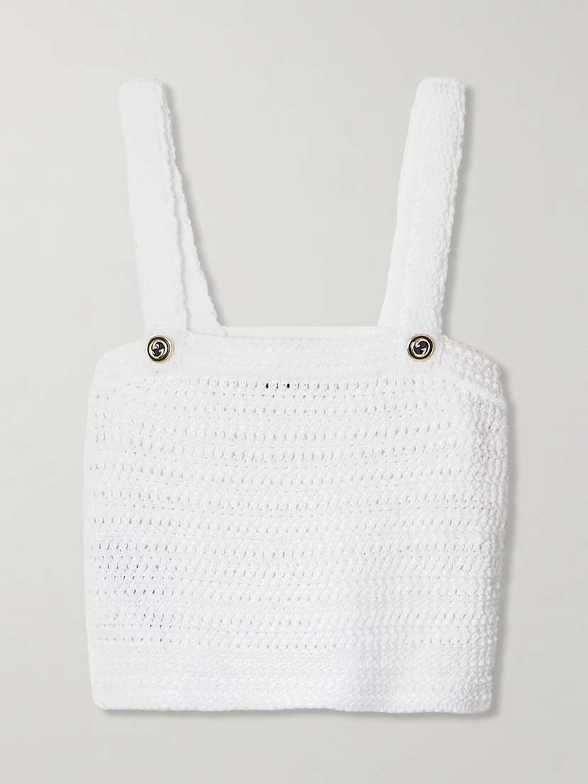 Gucci Cropped Button-embellished Crocheted Cotton Top