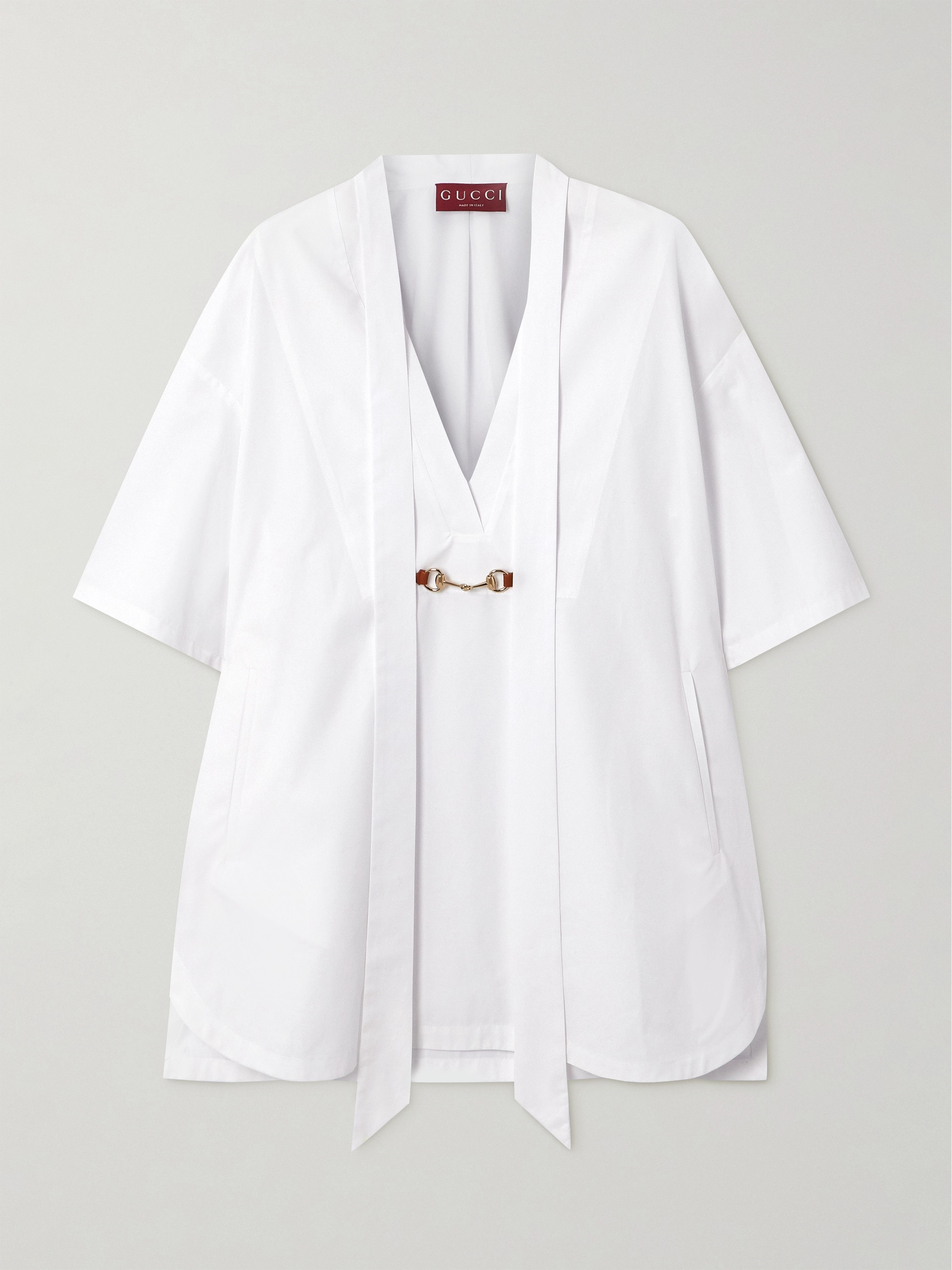 Gucci Leather-trimmed horsebit-embellished cotton-poplin mini shirt dress