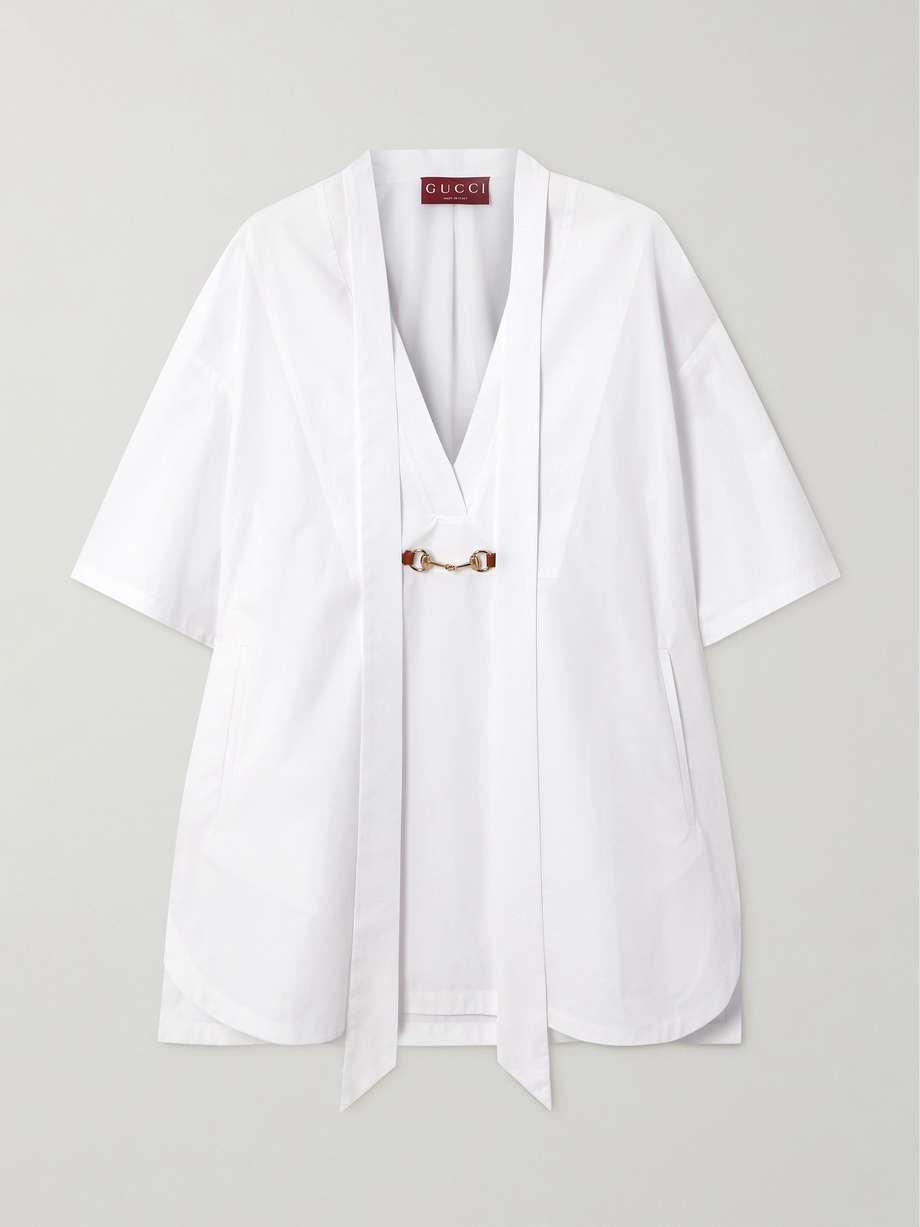 leather-trimmed horsebit-embellished cotton-poplin mini shirt dress