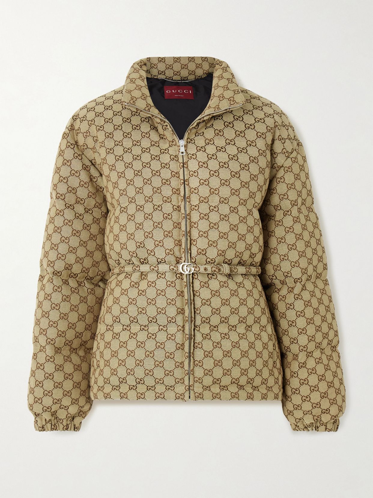 Belted leather-trimmed cotton-blend canvas down jacket