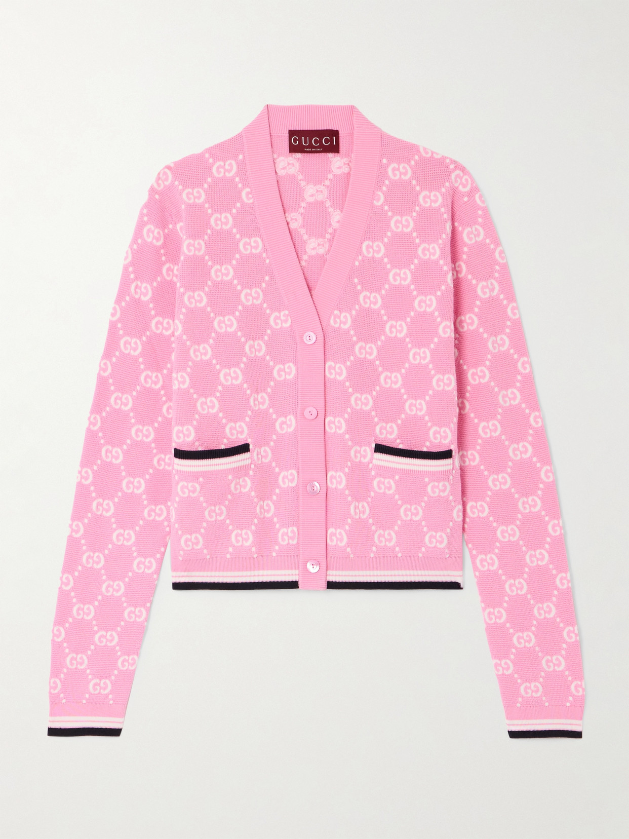 Gucci Papiro Webbing-trimmed Jacquard-knit Cotton Cardigan In Pink