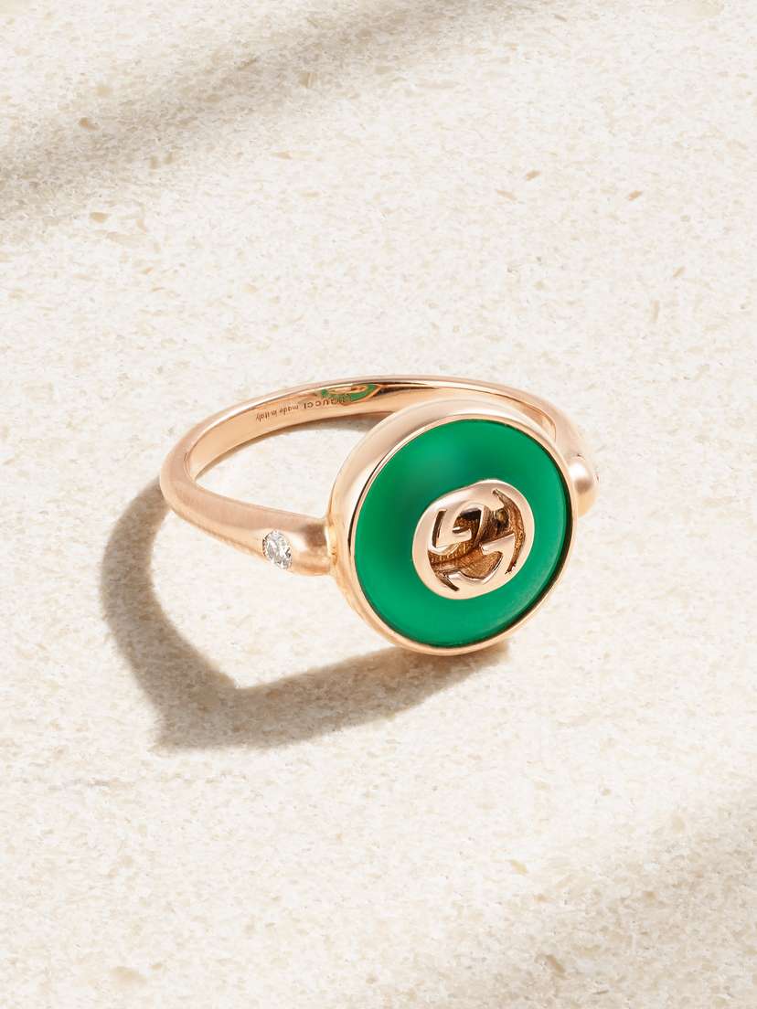 Gucci 18-karat Rose Gold, Agate And Diamond Ring