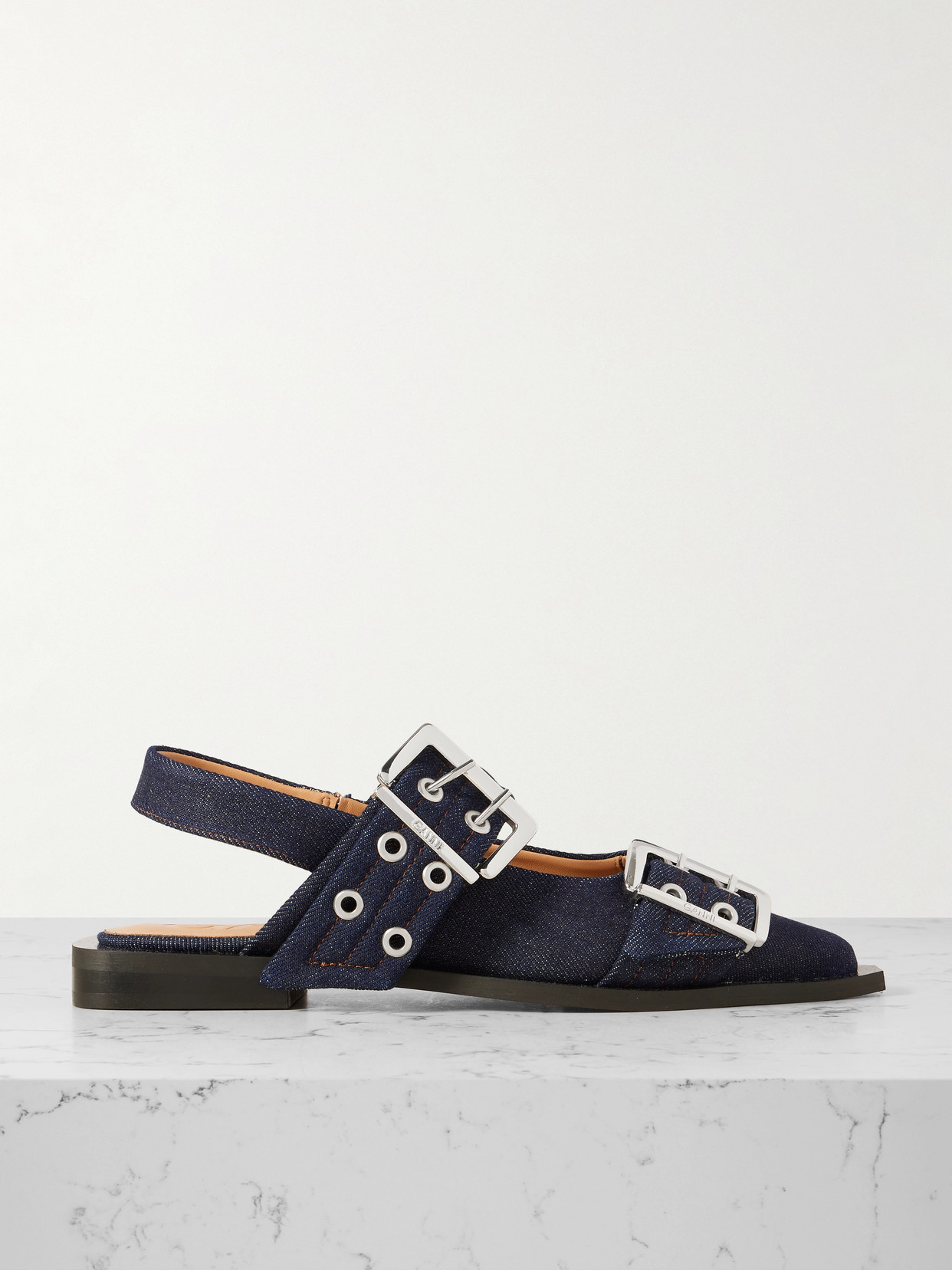 Ganni Buckled Eyelet-embellished Recycled Denim Ballet Flats In Blue