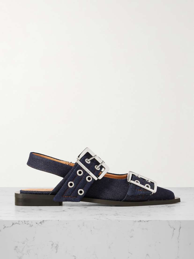 Ganni Buckled Eyelet-embellished Recycled Denim Ballet Flats