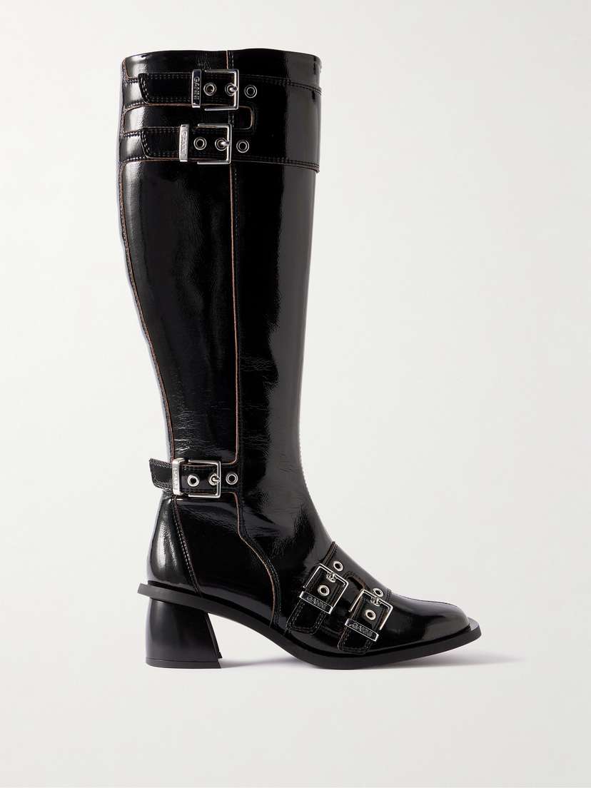 Ganni Feminine Buckled Faux Patent-leather Knee Boots