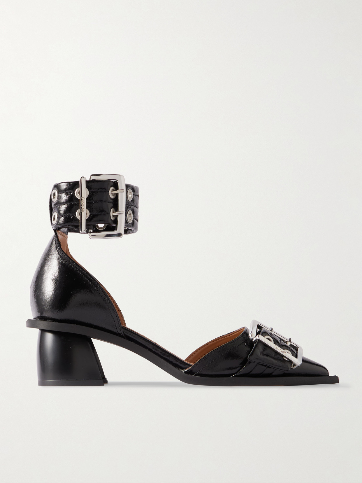 GANNI - Buckled Eyelet-embellished Faux Patent-leather Pumps - Black