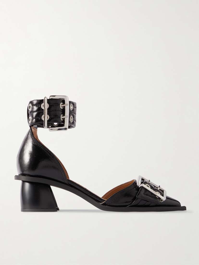 Ganni Buckled Eyelet-embellished Faux Patent-leather Pumps