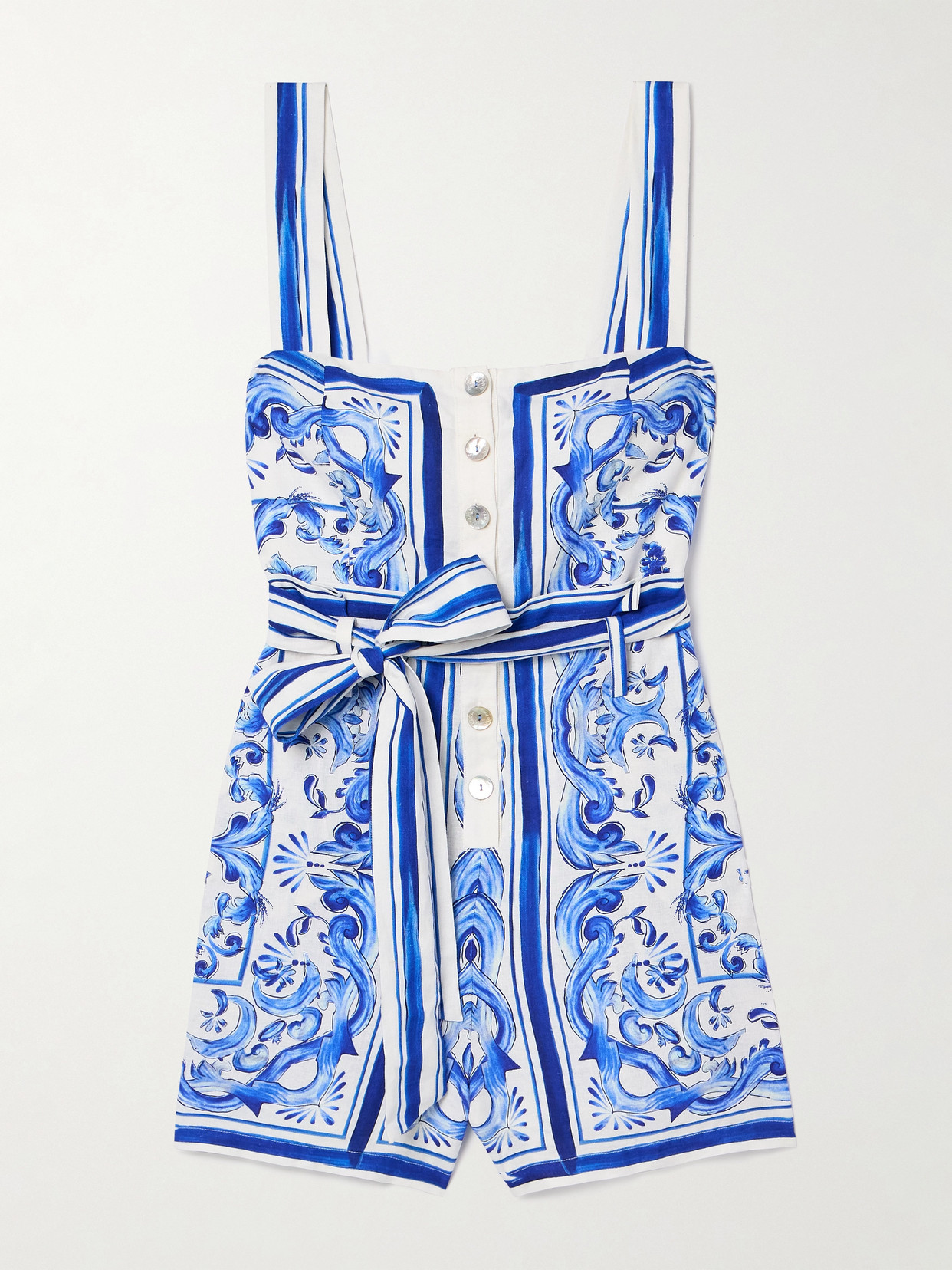 FARM RIO GARDEN TILES BELTED PRINTED LINEN-BLEND PLAYSUIT
