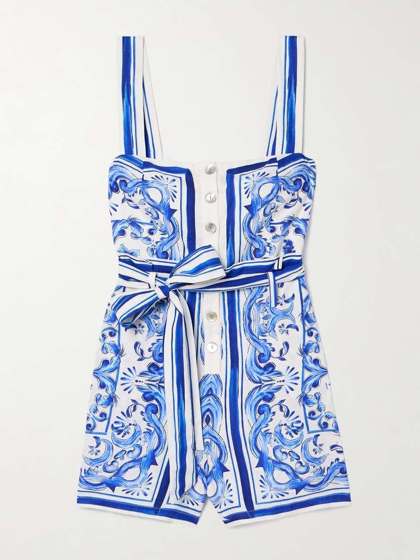 Farm Rio Garden Tiles Belted Printed Linen-blend Playsuit