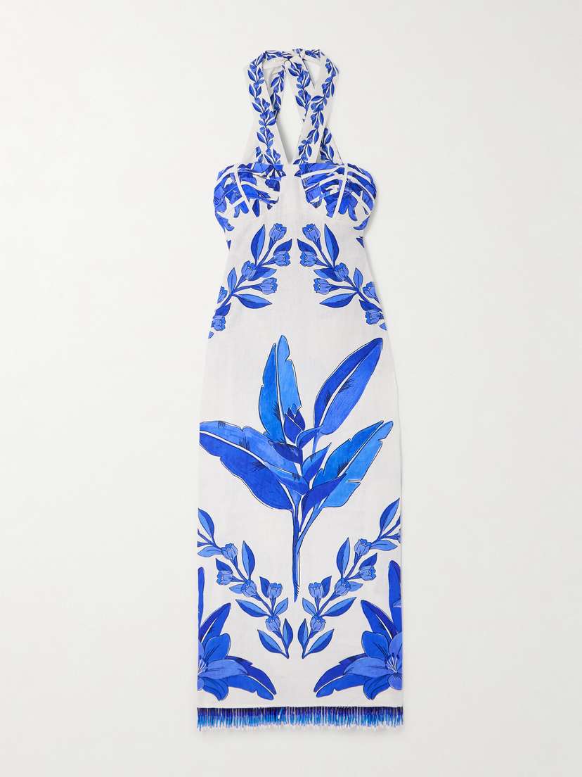 Farm Rio Yard Bead-embellished Floral-print Linen Halterneck Maxi Dress - x large