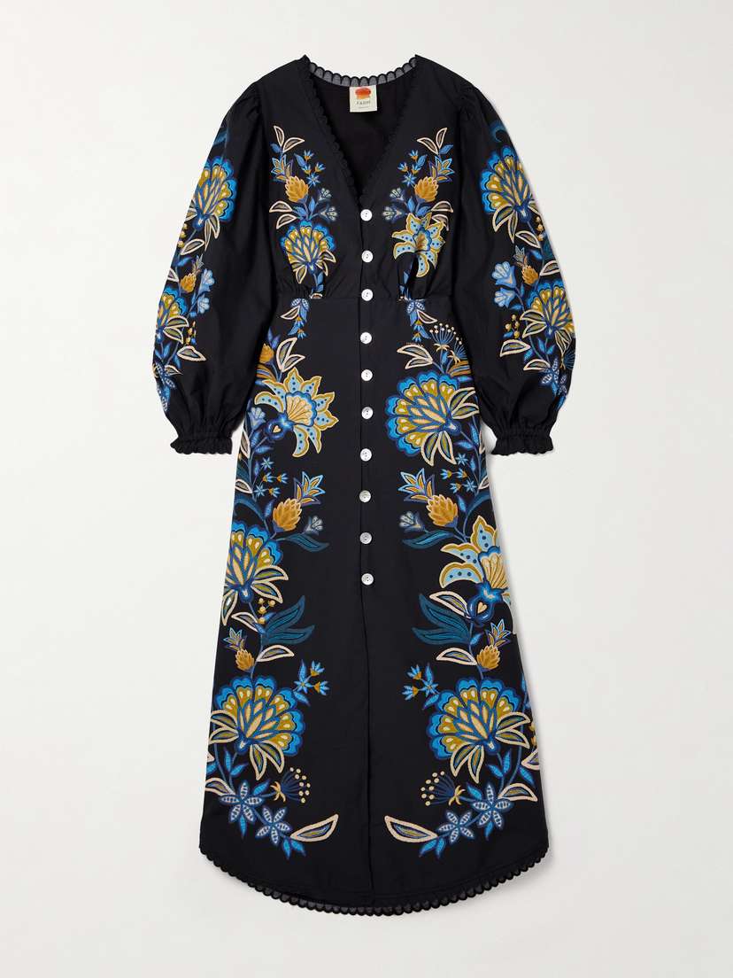 Farm Rio Scalloped Floral-print Cotton-poplin Midi Dress