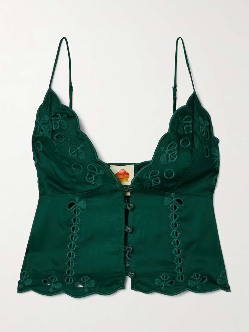 Farm Rio Richelieu Scalloped Bead-embellished Broderie Anglaise-trimmed Satin Camisole - x large