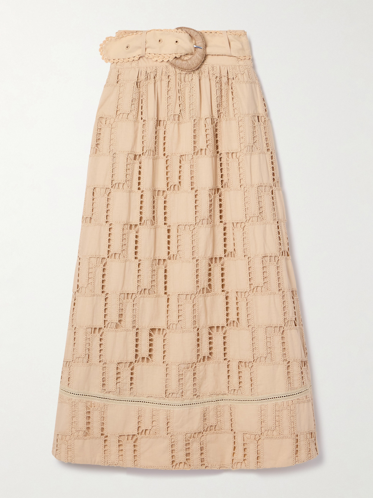 Farm Rio Belted Crochet-trimmed Cotton Maxi Skirt In Neutrals