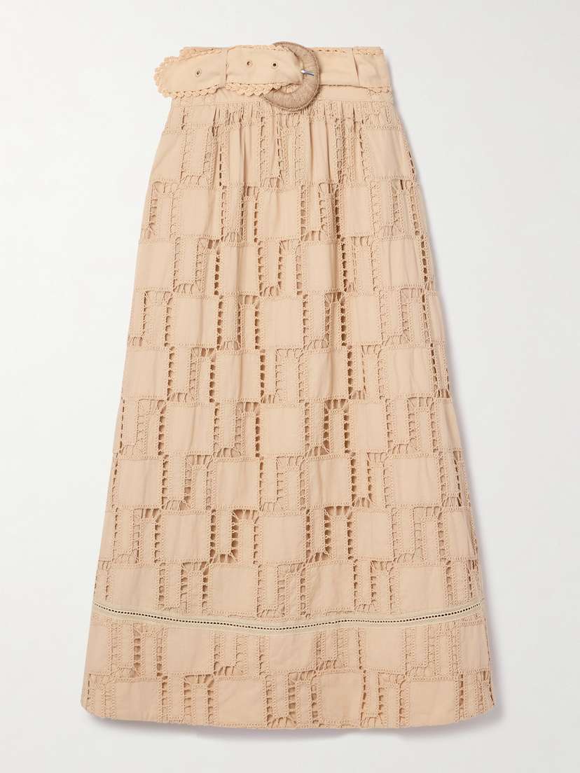 Farm Rio Belted Crochet-trimmed Cotton Maxi Skirt