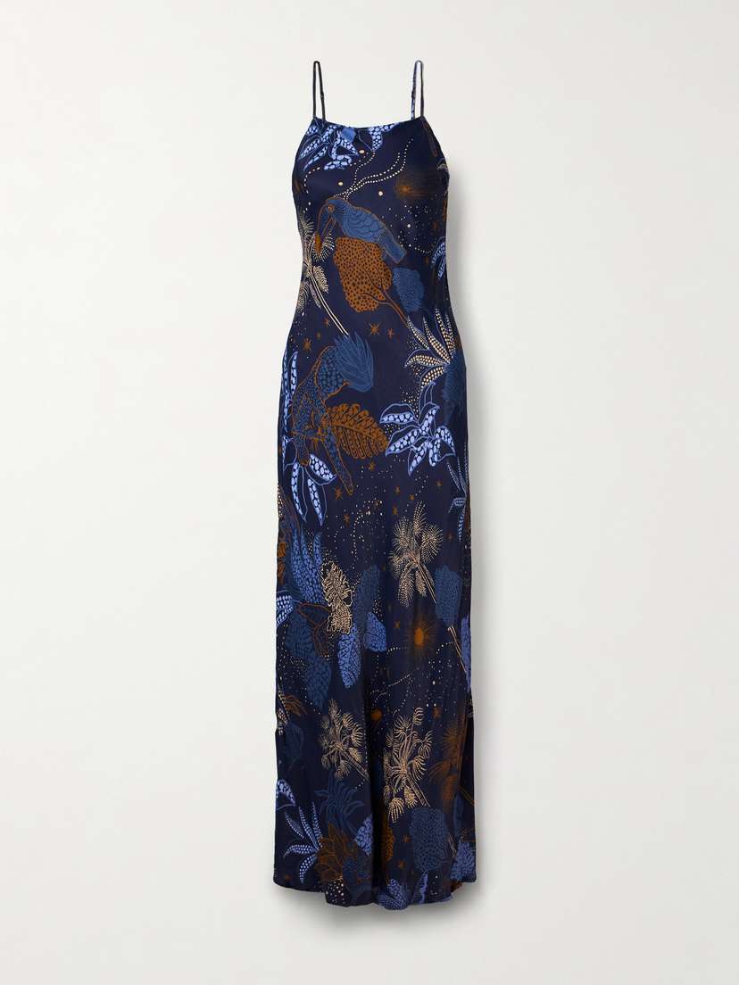 Farm Rio Night Jungle Printed Satin Maxi Dress - x large