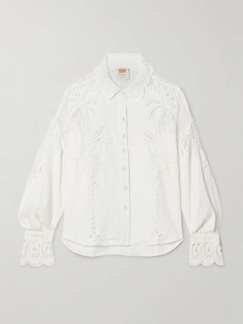 Farm Rio Guipure Lace-trimmed Linen Shirt - x large
