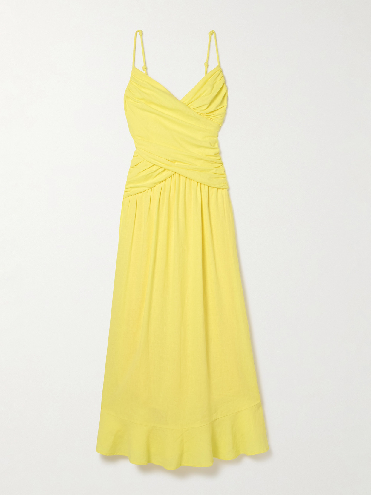 Farm Rio Ruched Linen-blend Maxi Dress In Yellow