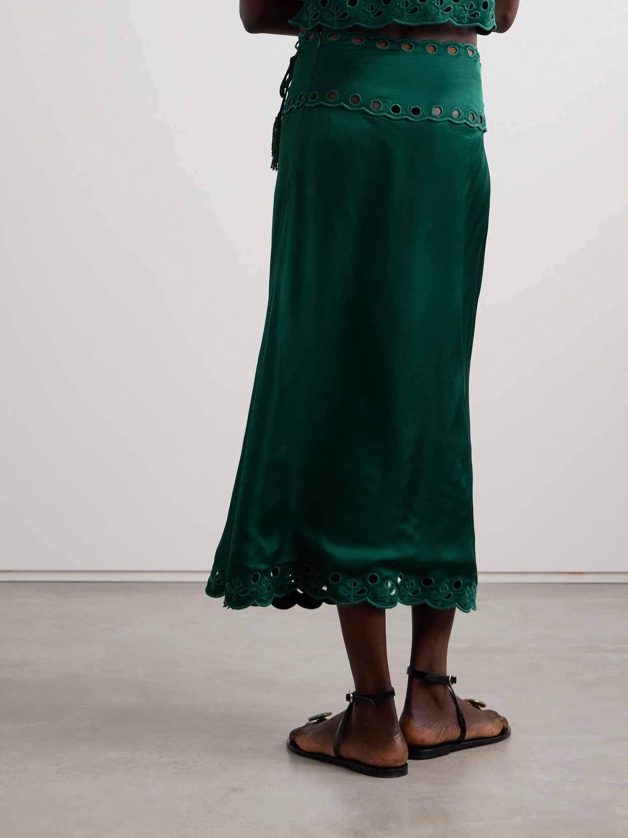 Farm Rio Richilieu Broderie Anglaise Satin Midi Wrap Skirt In Green