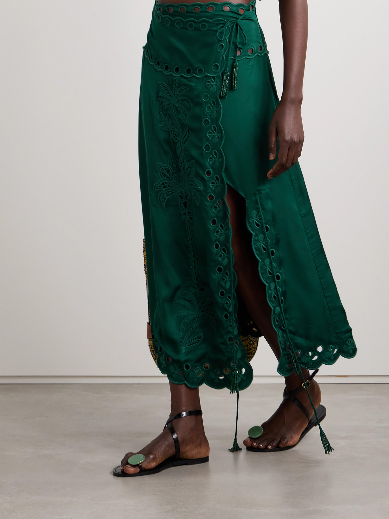 Farm Rio Richilieu Broderie Anglaise Satin Midi Wrap Skirt In Green