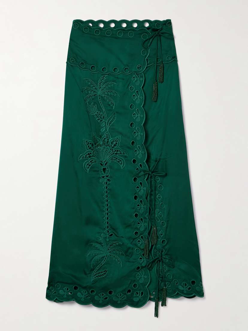 Farm Rio Richilieu Broderie Anglaise Satin Midi Wrap Skirt