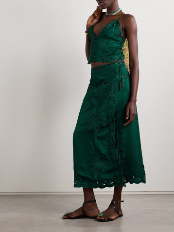 FARM Rio Richilieu broderie anglaise satin midi wrap skirt