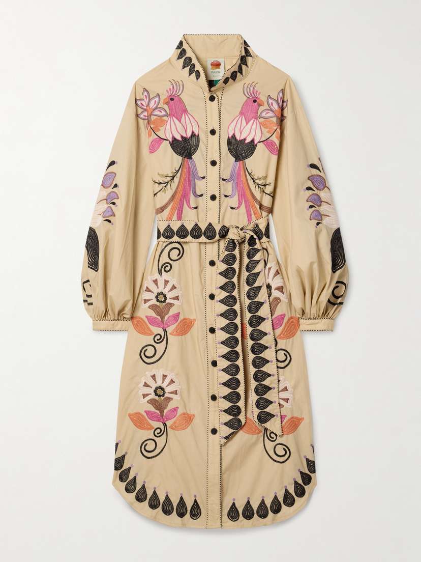 Farm Rio Belted Embellished Embroidered Cotton Midi Shirt Dress - x large