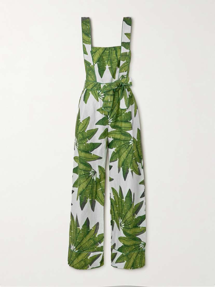 Farm Rio Belted Printed Linen Jumpsuit