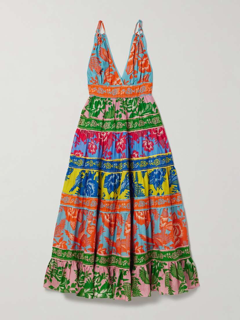 Farm Rio Lace Garden Printed Tiered Cotton-voile Midi Dress