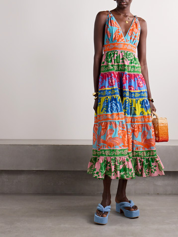 FARM Rio Lace Garden printed tiered cotton-voile midi dress