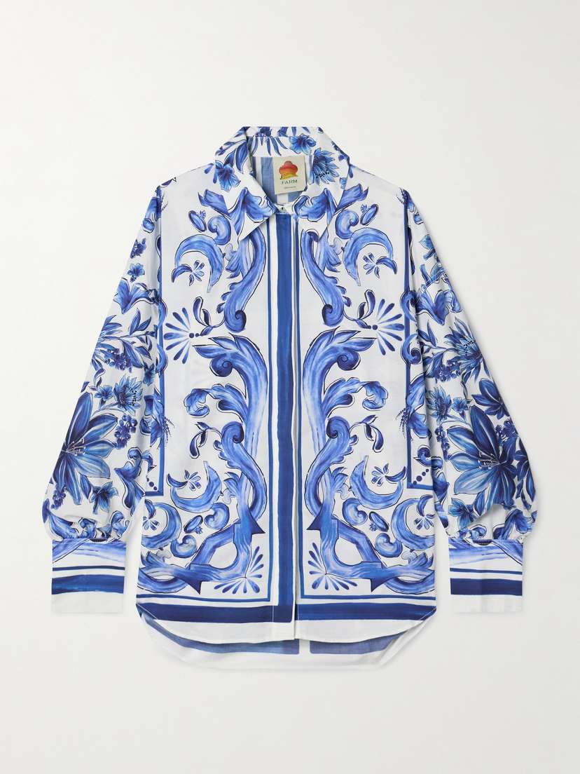 Farm Rio Garden Tiles Floral-print Cotton-poplin Shirt - x large