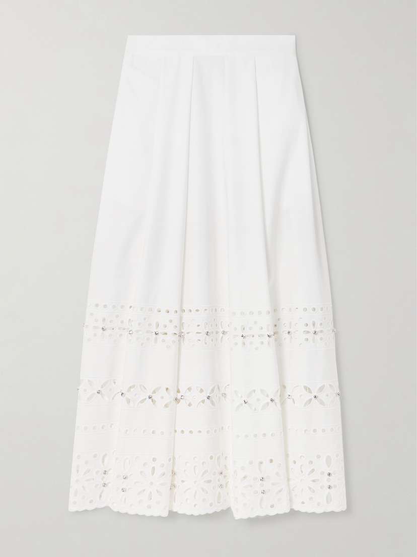 Huishan Zhang Avery Pleated Broderie Anglaise-trimmed Crystal-embellished Faille Maxi Skirt