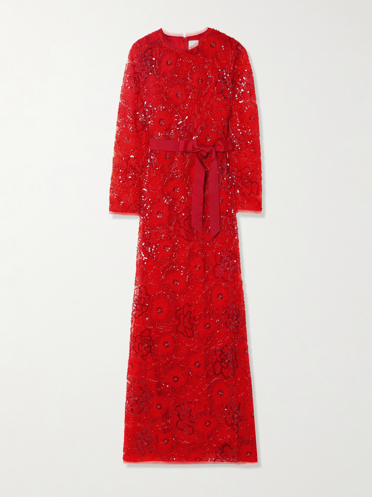 Huishan Zhang Maurene Belted Sequined Embroidered Tulle Gown In Red