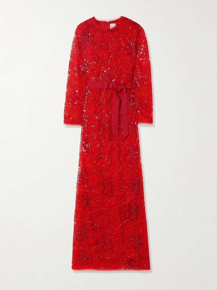 Huishan Zhang Maurene Belted Sequined Embroidered Tulle Gown - UK 16