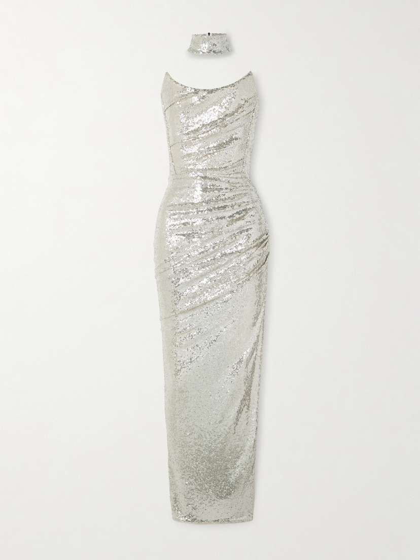 Maticevski Exhilarate Gathered Strapless Sequined Tulle Gown And Choker Set