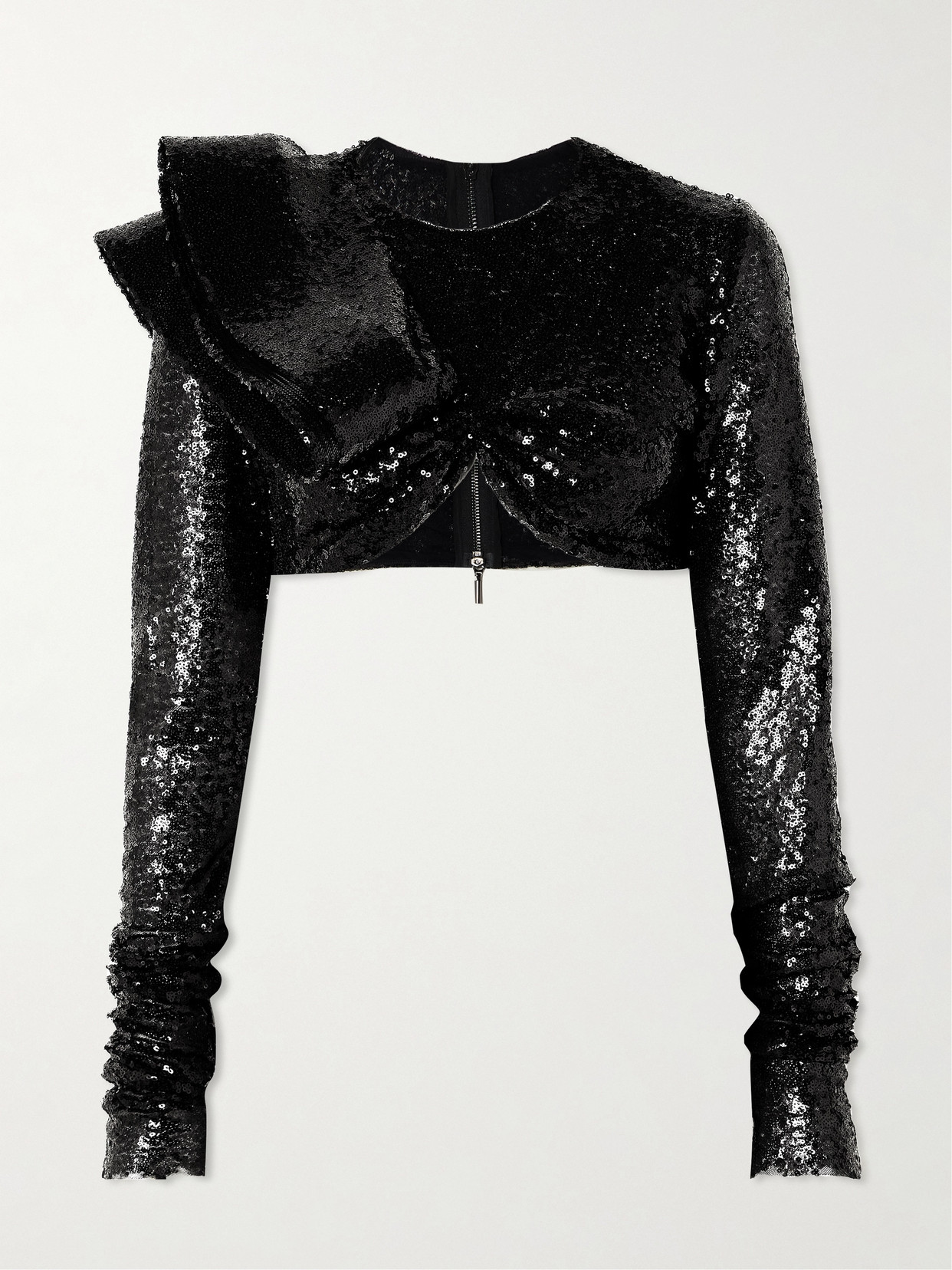 Maticevski - Illusion Cropped Ruffled Sequined Mesh Top - Black