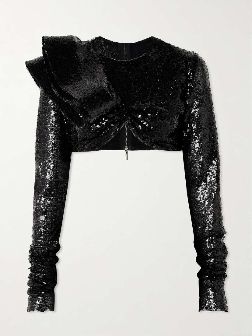 Maticevski Illusion Cropped Ruffled Sequined Mesh Top