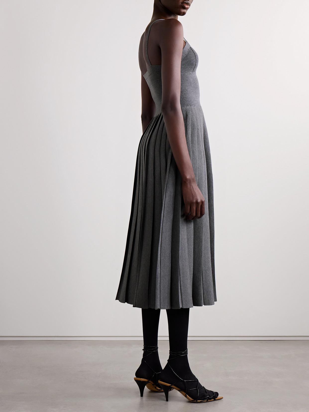 KHAITE ELIO PLEATED POINTELLE-TRIMMED WOOL-BLEND MIDI DRESS