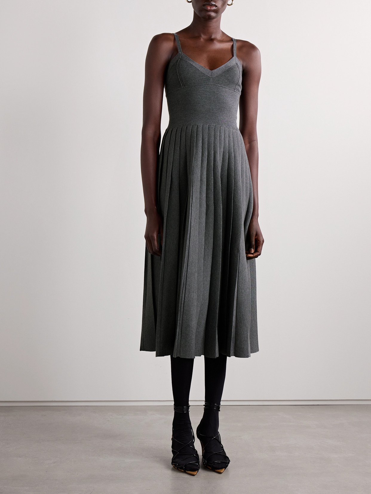 KHAITE ELIO PLEATED POINTELLE-TRIMMED WOOL-BLEND MIDI DRESS